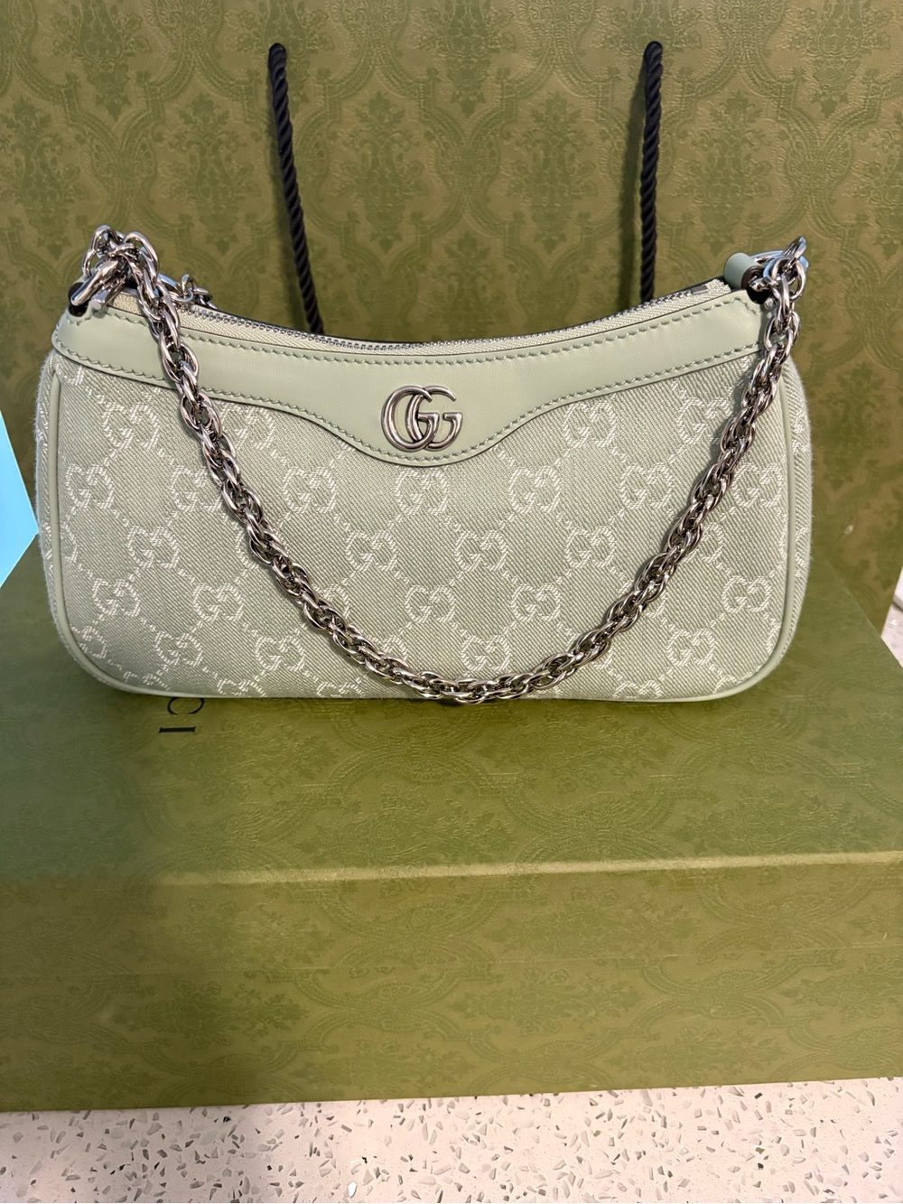 Gucci Pale Green GG Canvas denim Chain Shoulder Bag & crossbody attachable strap
